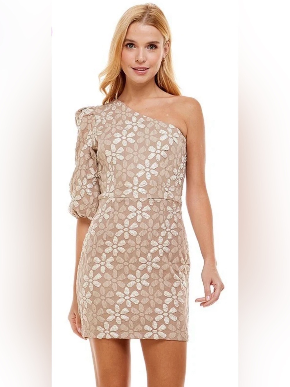 TCEC One-Shoulder Beige Dress with White Floral Lace